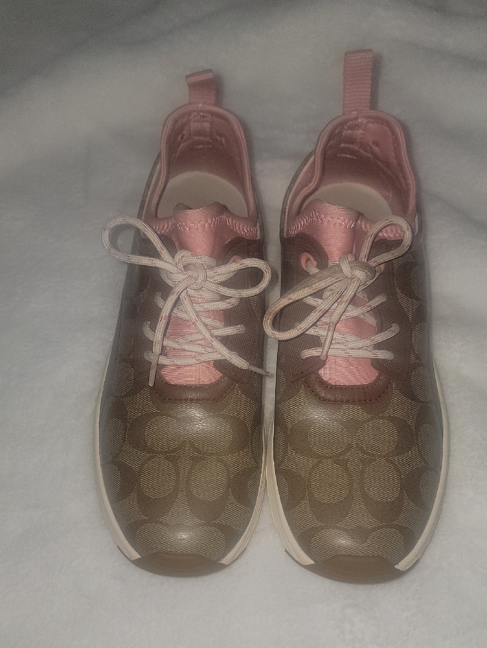 Coach Brown Signature Logo Sneakers with Pink Accents
